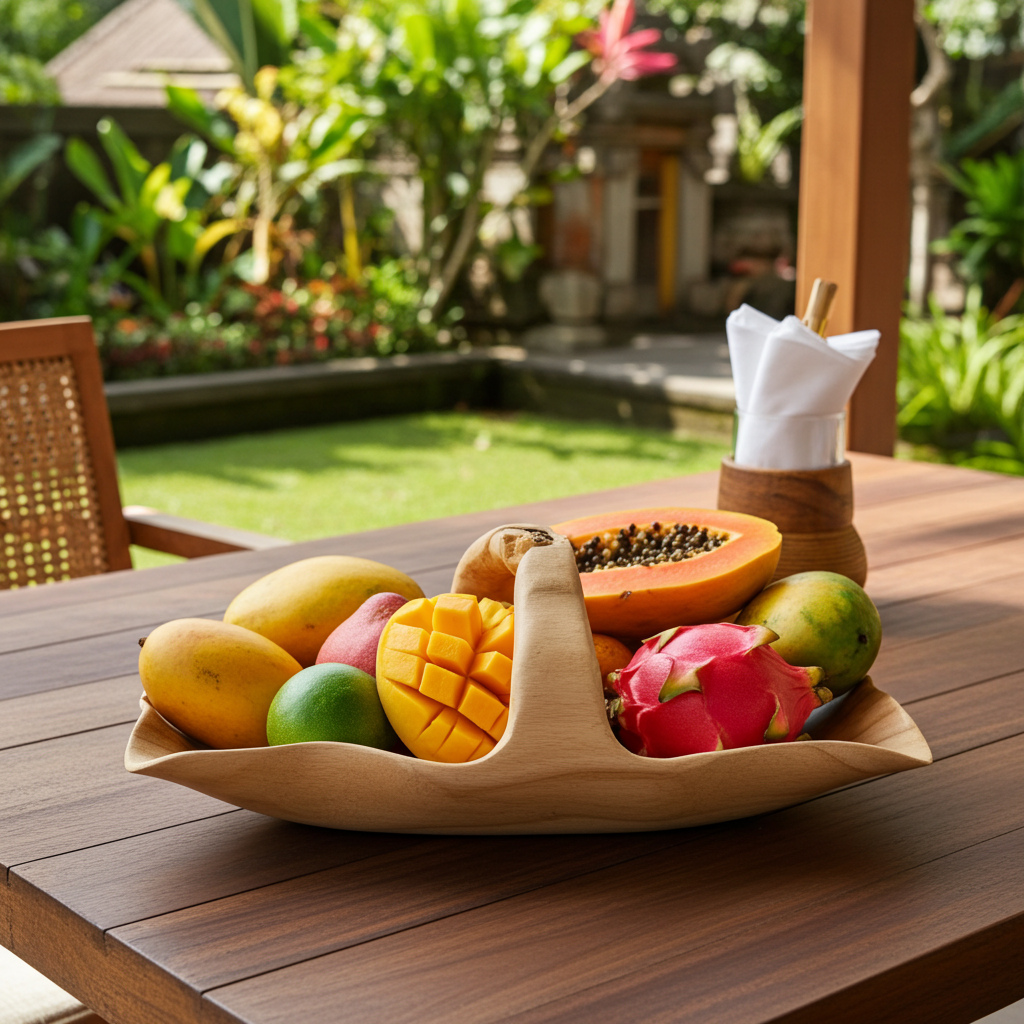 Fruteira maciça esculpida à mão com pega. Modelo Mangkuk.