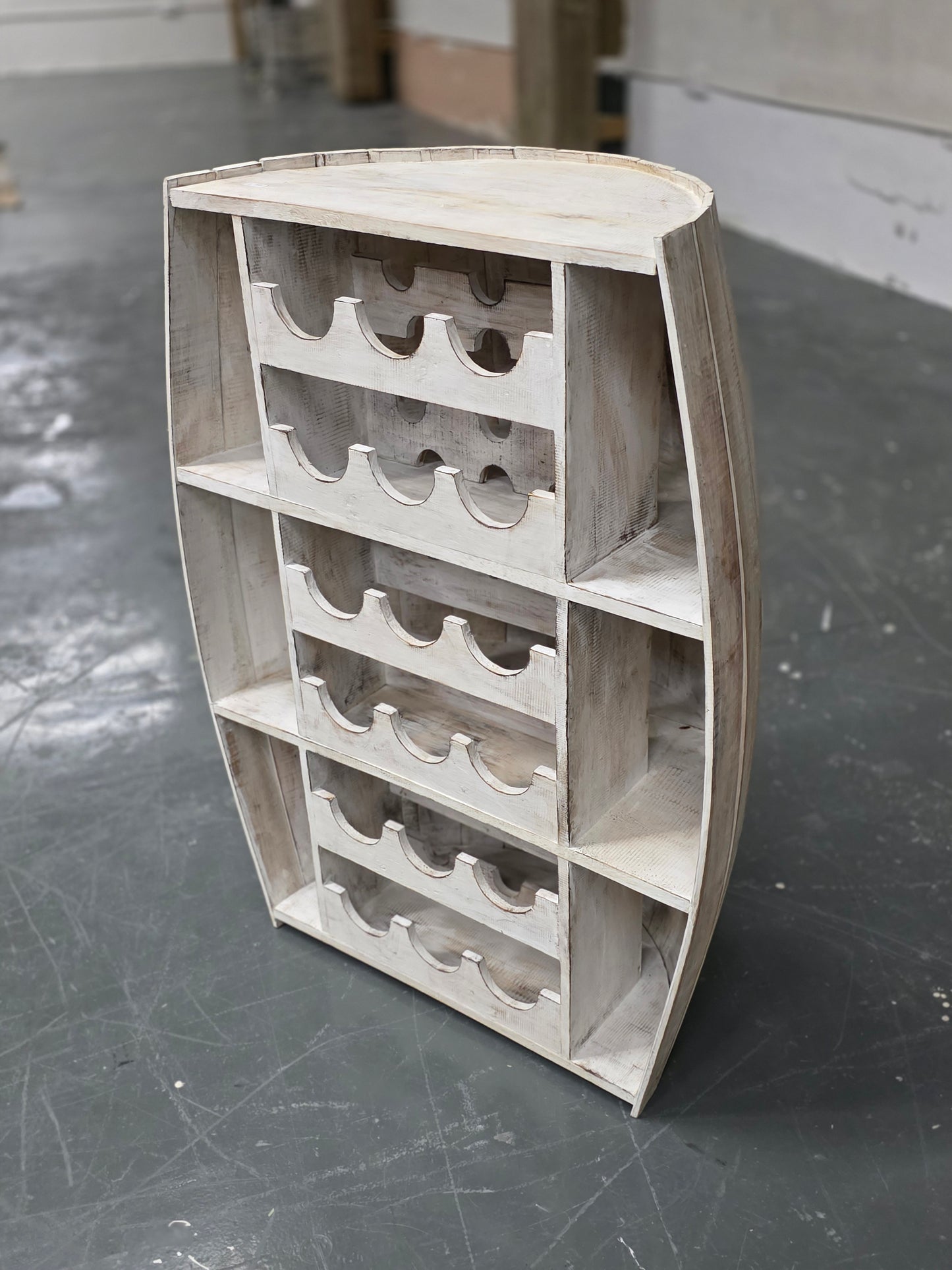 Whitewashed wooden half-barrel wine rack. Model Barel