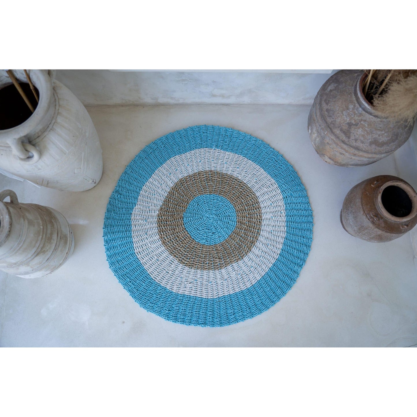 Alfombra redonda de algas marinas de 120 cm (azul/blanco)