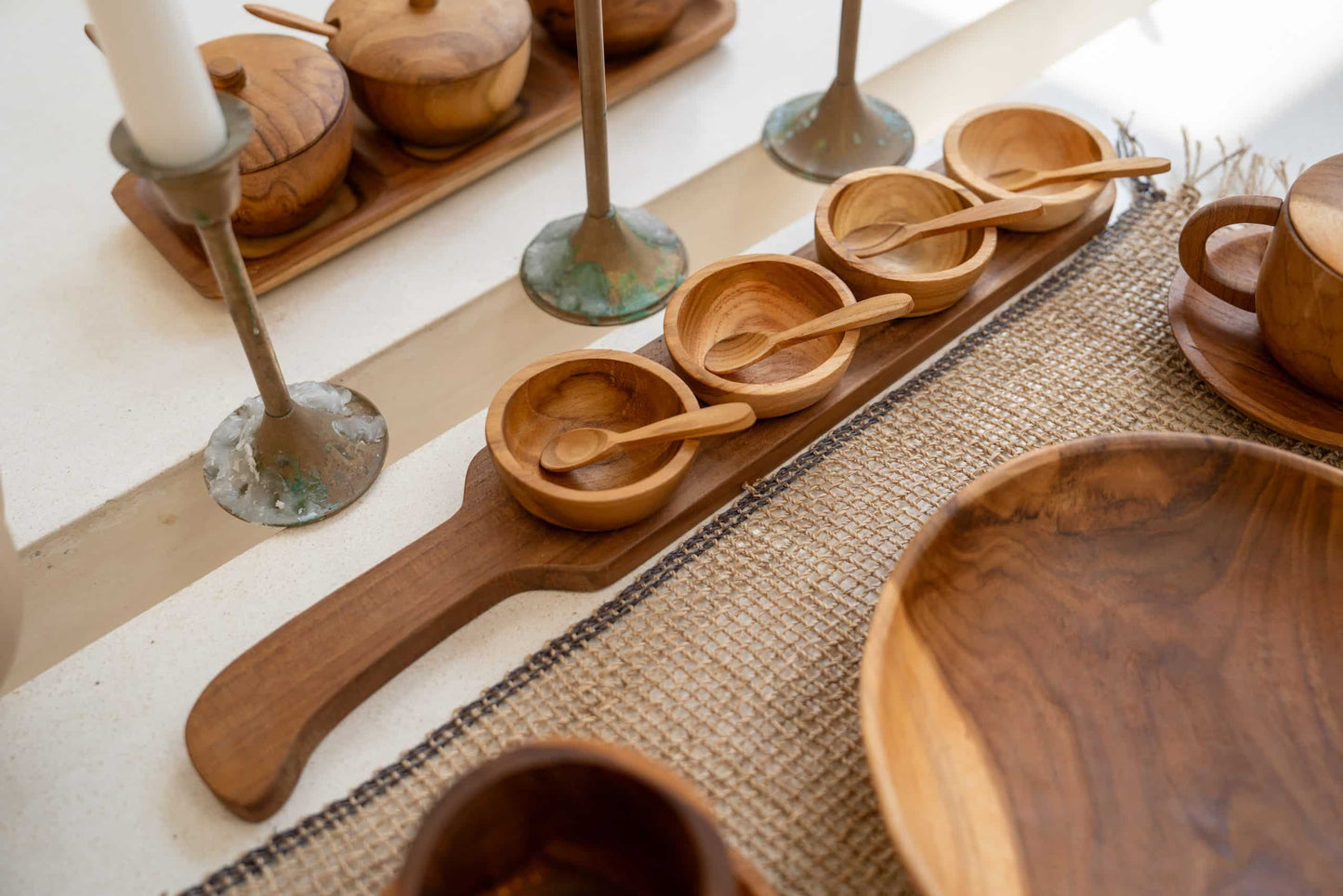 Wooden condiment tray with 4 cups