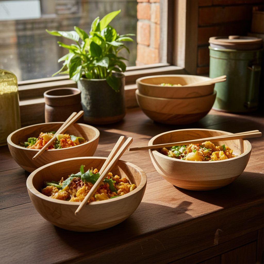 Teak Wood Noodle Bowl with Chopsticks