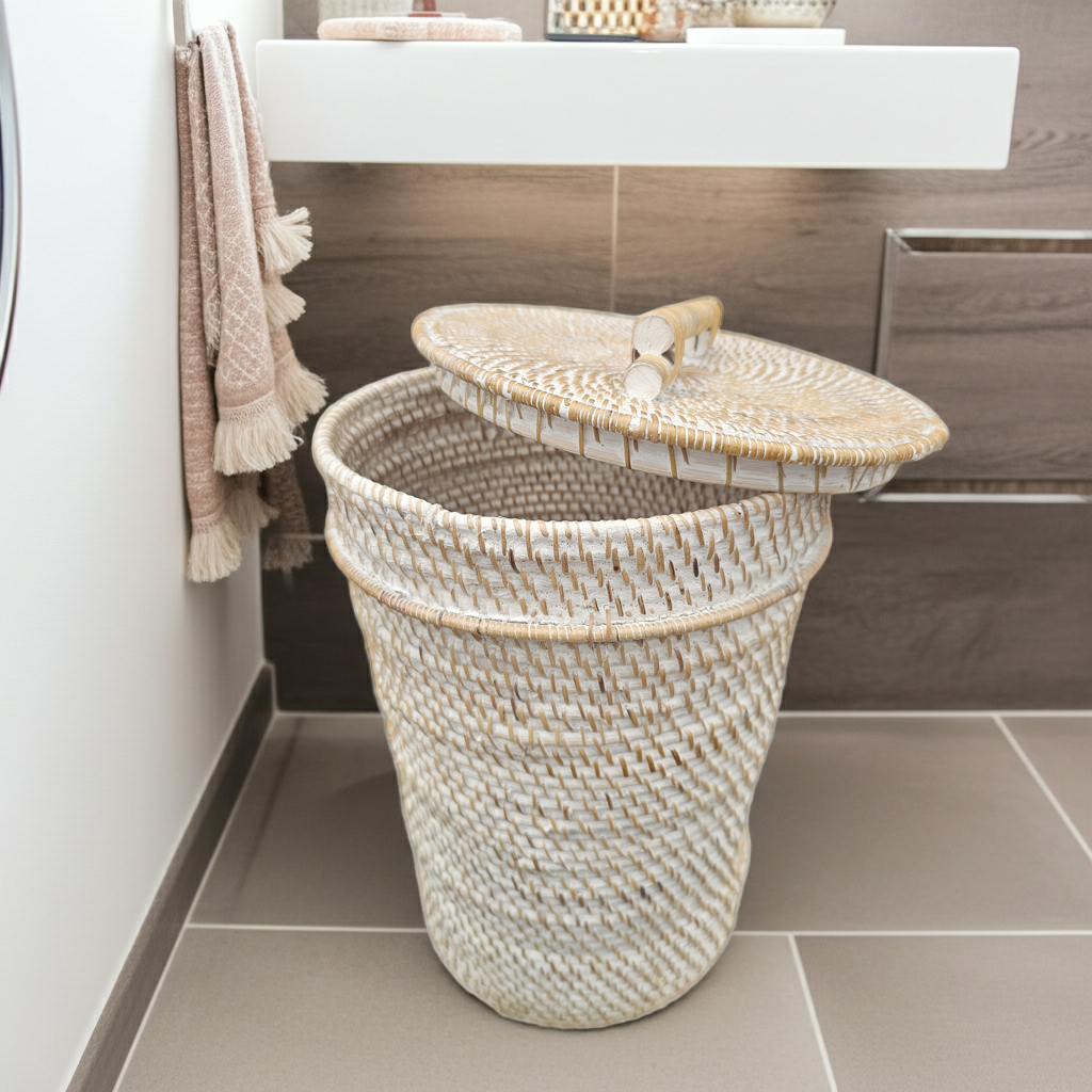 White washed rattan basket Model Tutup