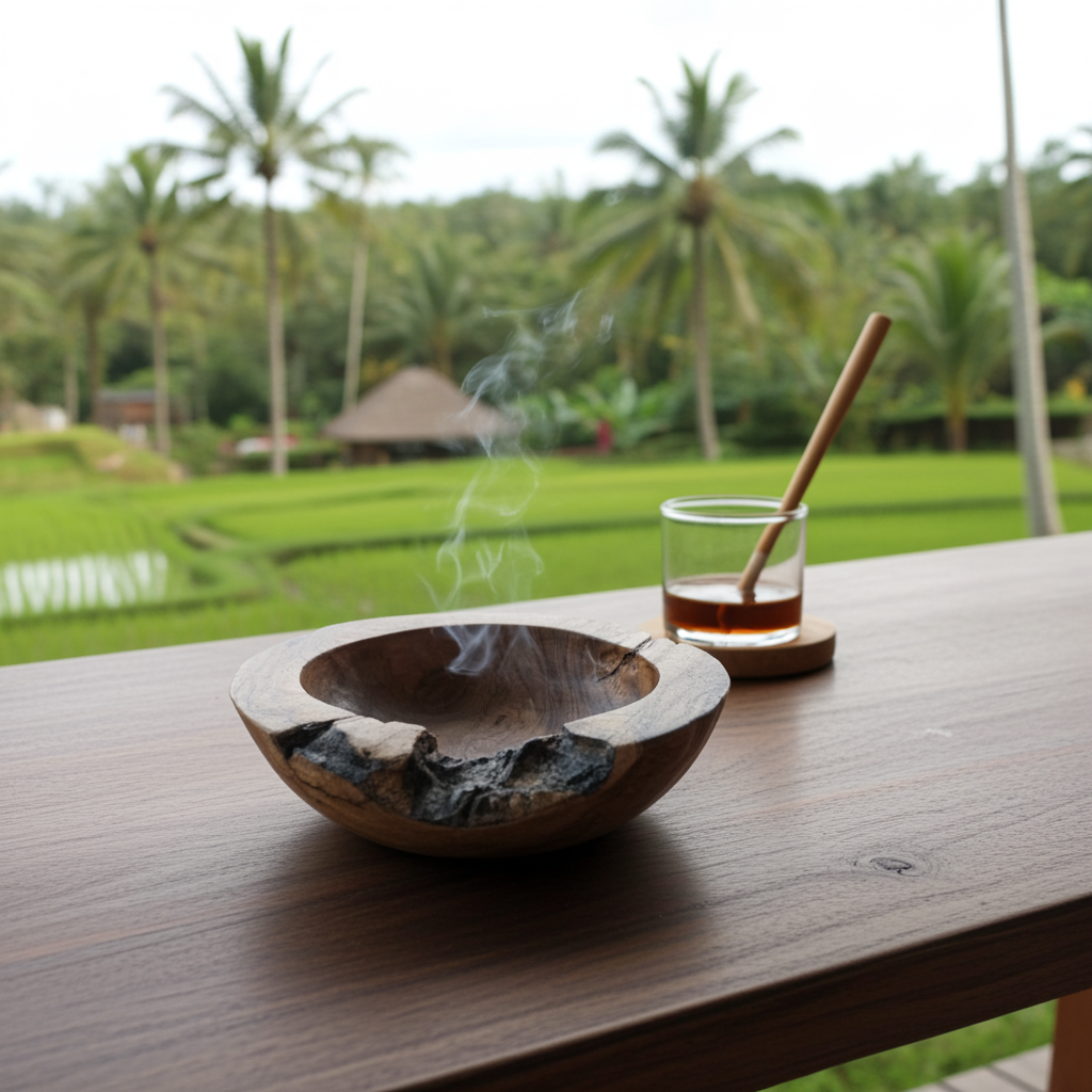 Hand-carved teak wood ashtray.