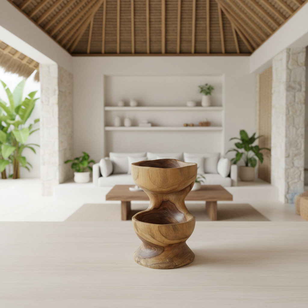 Double Bowl Sculpted Teak Wood Vase Model Panaitan