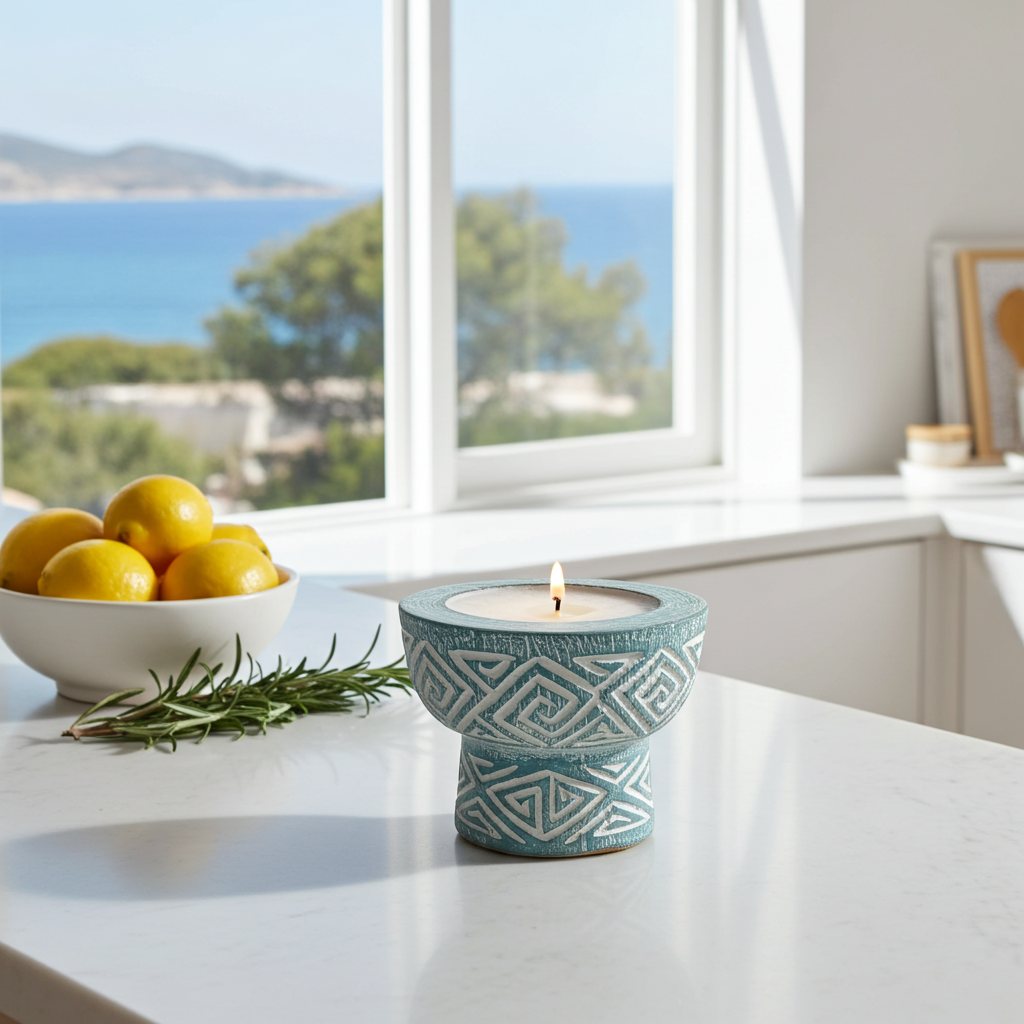 Hand-carved wooden candle hourglass shape in a blue finish