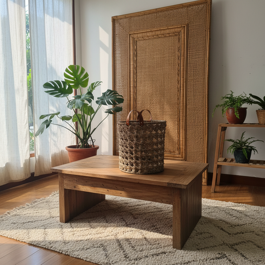 Open Weave Seagrass Basket Leather Handles Model Hatta