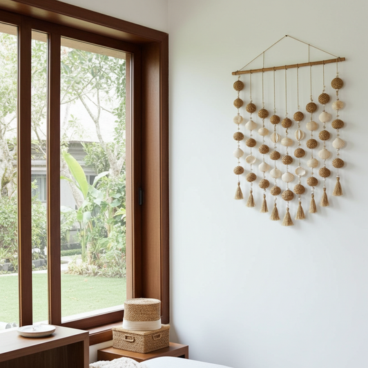 Curtain pompom tassels on a stick