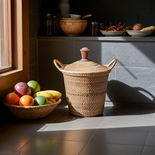 Rattan basket brown with lit and wooden nob