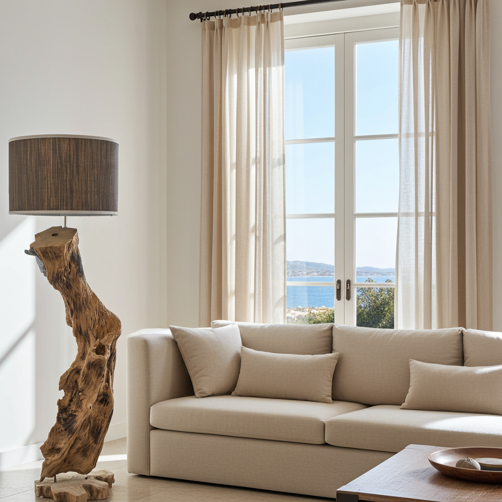 Candeeiro de pé em tronco de árvore natural, modelo Pohon.