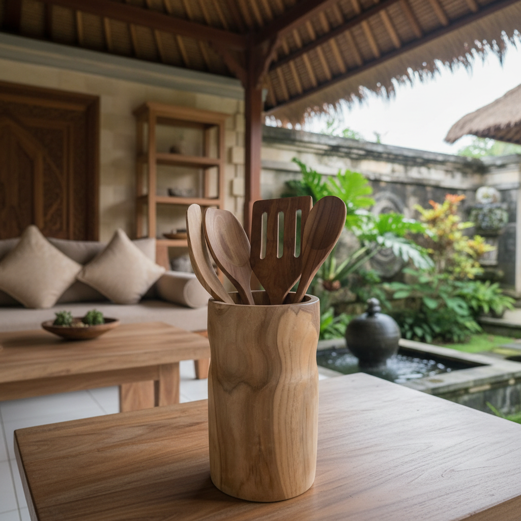 Teak Wood Utensil Holder Set Model Manuk