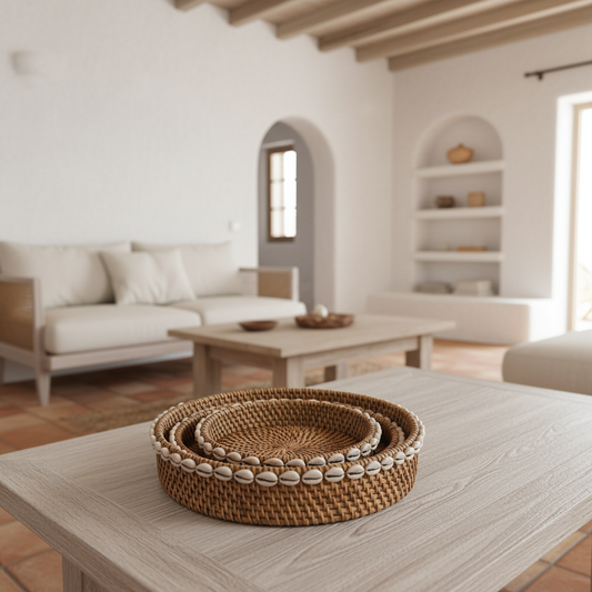 Woven Rattan Cowrie Shell Bowl Set Model Kekek