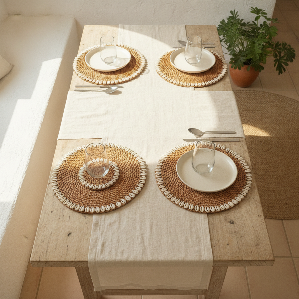 Porta-Copos de Rattan Trançado com Conchas Cauri Modelo Rumberpon