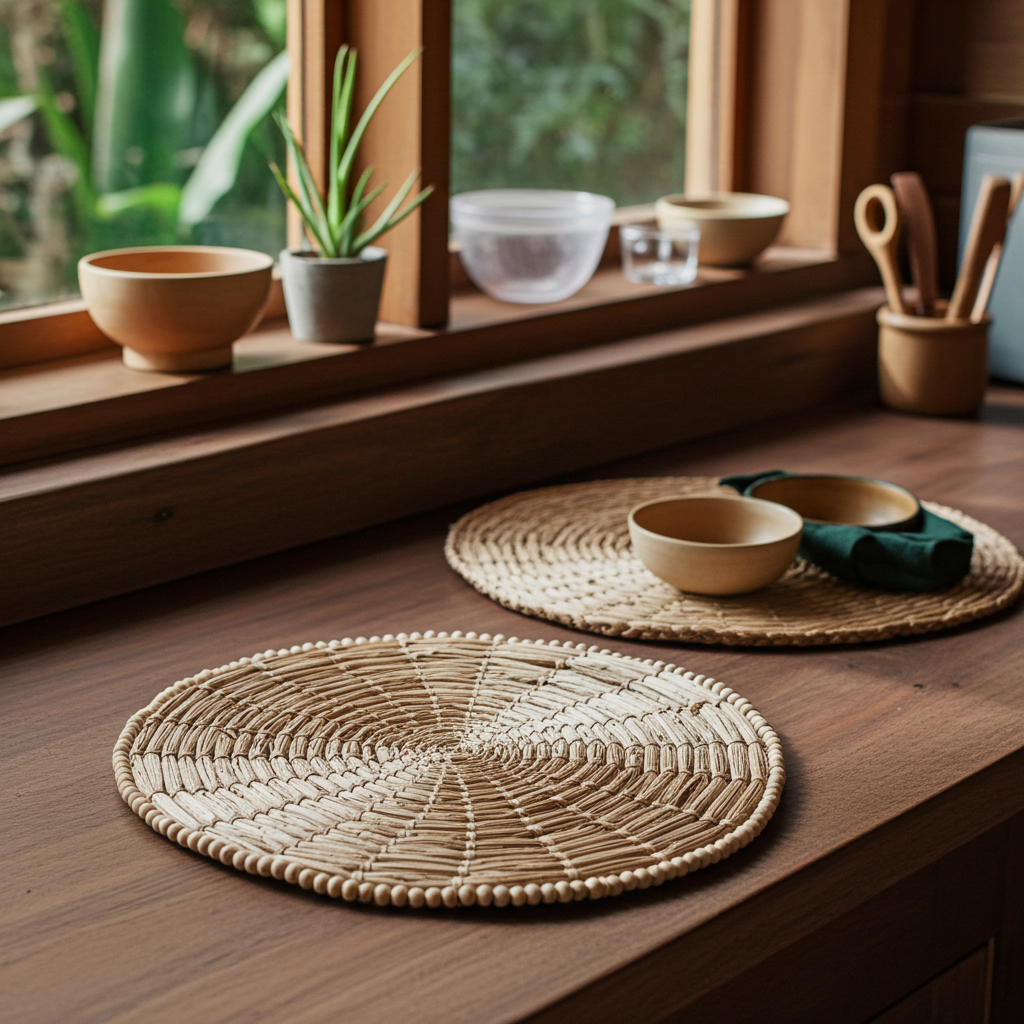 Round woven natural fiber placemat. Model Mendony