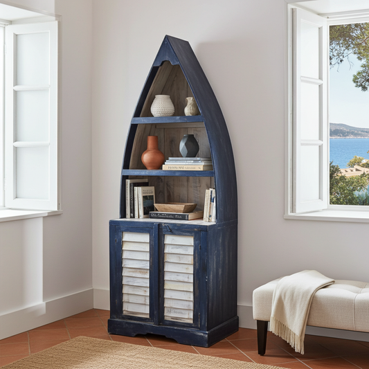 Blue wooden boat-shaped bookcase. Model Kapal