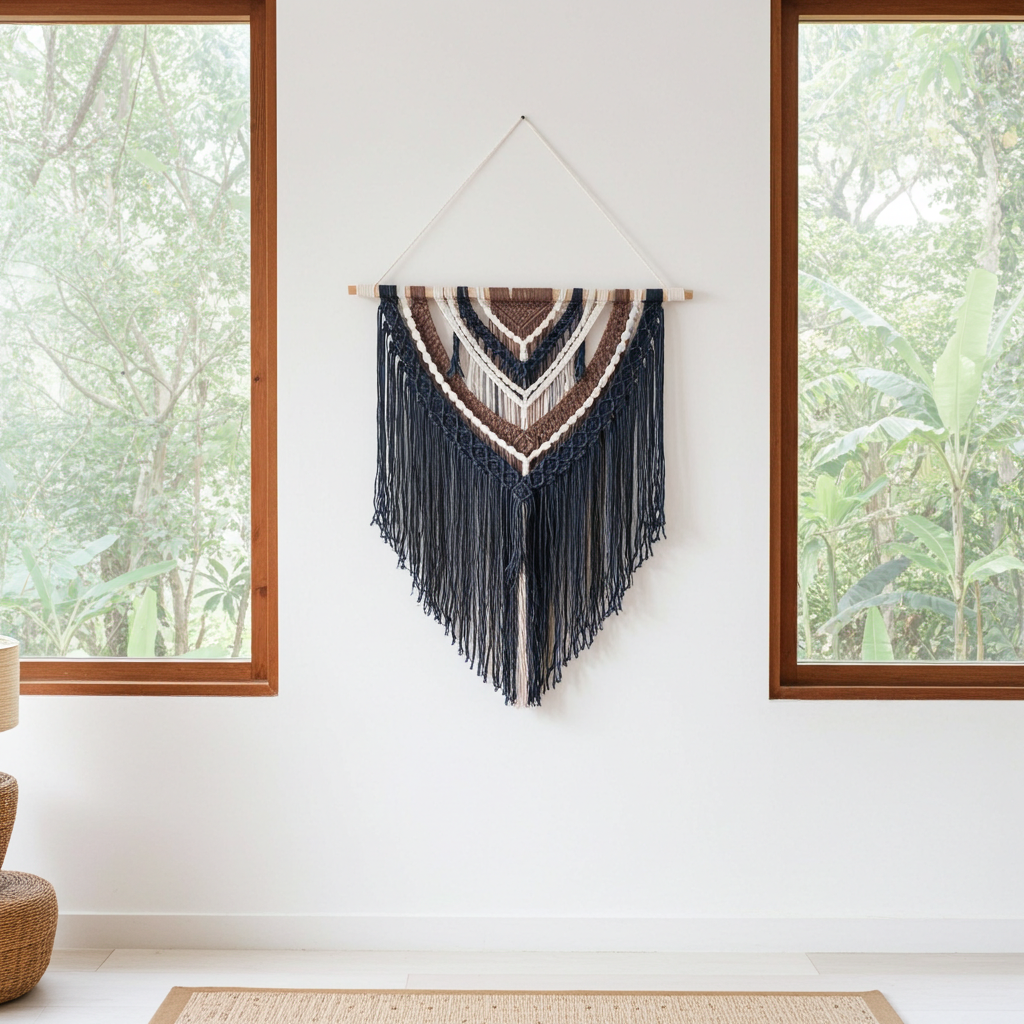 Multi-colored macramé wall hanging in black, brown, and white