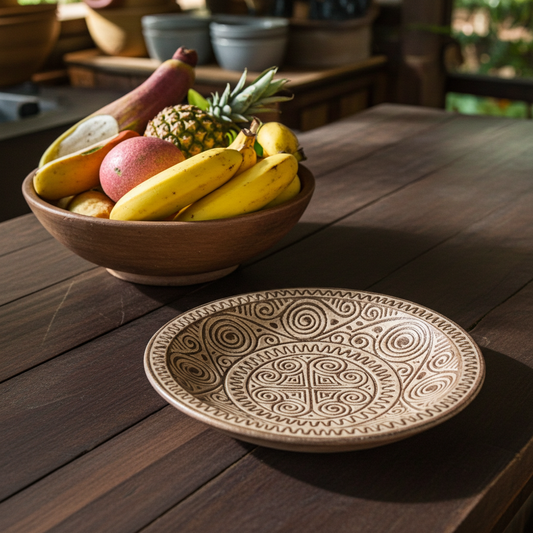 Prato decorativo em madeira esculpido à mão, com 30 cm de diâmetro. Modelo Baroro.