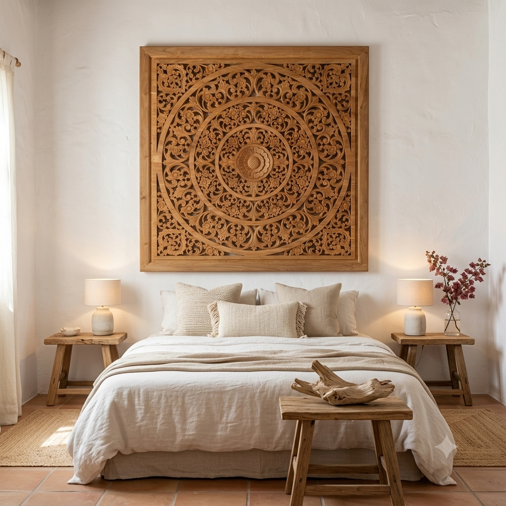 Painel de Parede em Madeira de Teca Esculpida com Mandala Modelo Mantehage