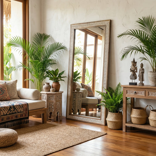 Espelho de pé em madeira esculpida à mão. Modelo Yalimo