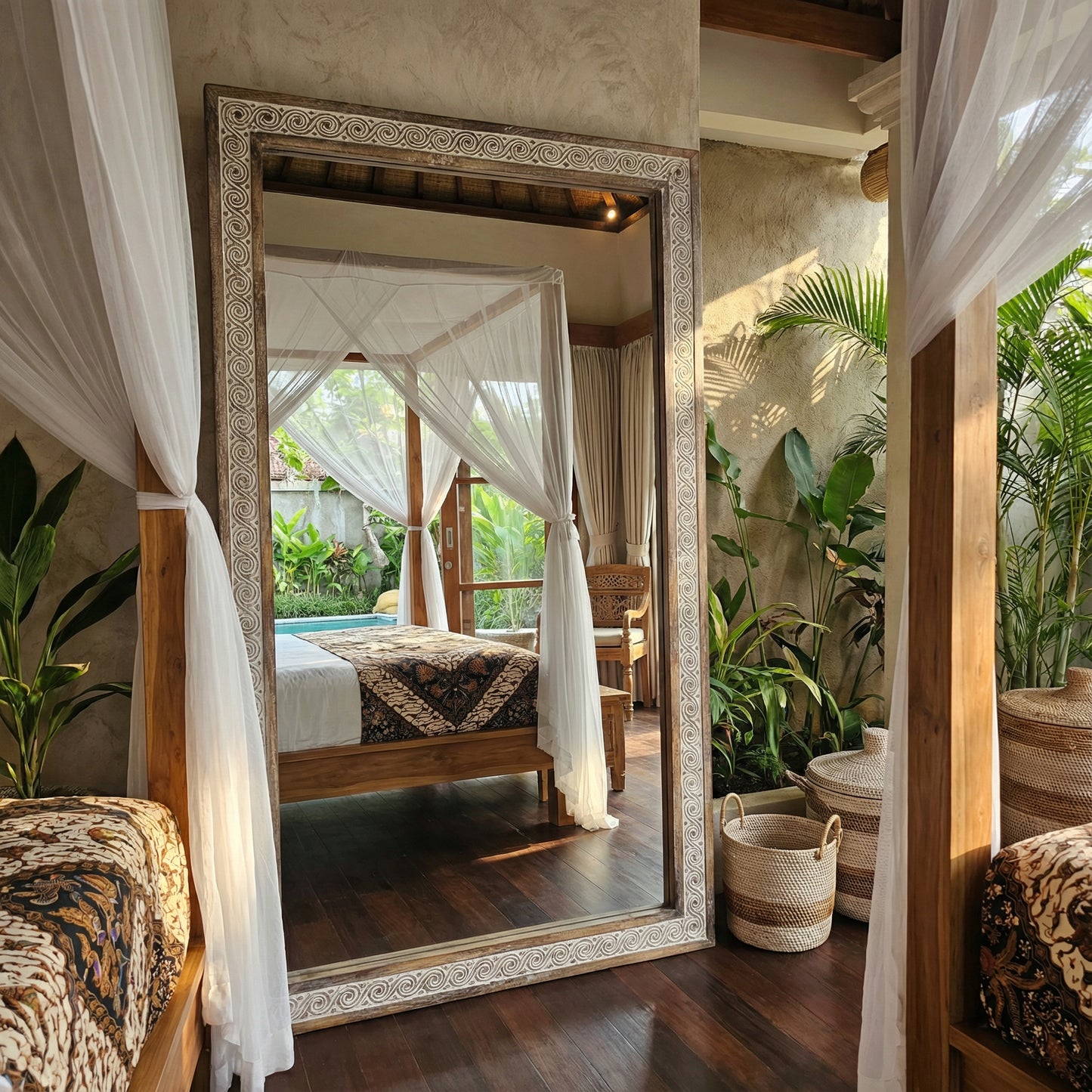 Espelho de pé em madeira esculpida à mão. Modelo Yalimo