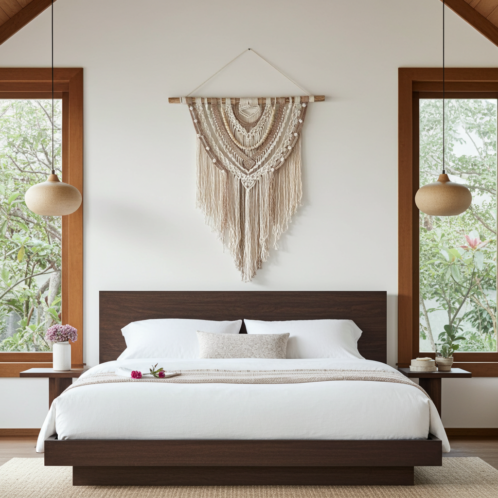 Handcrafted macramé natural and brown-colored