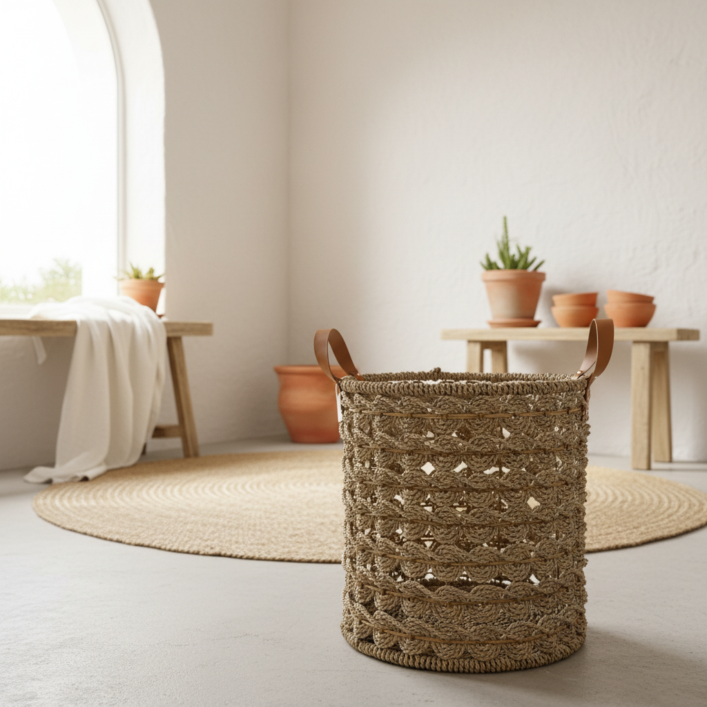Cesta de Seagrass de Tejido Abierto con Asas de Cuero Modelo Hatta
