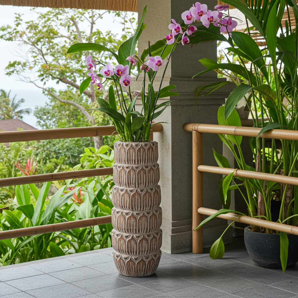 Hand carved wooden vase with scales. Model Munduk