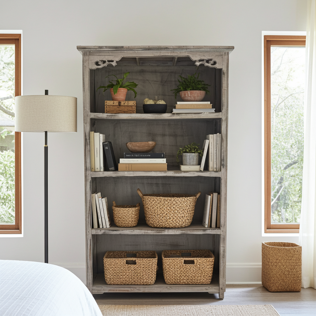 Estante em madeira trabalhada à mão com acabamento em aguada branca. Modelo Batua