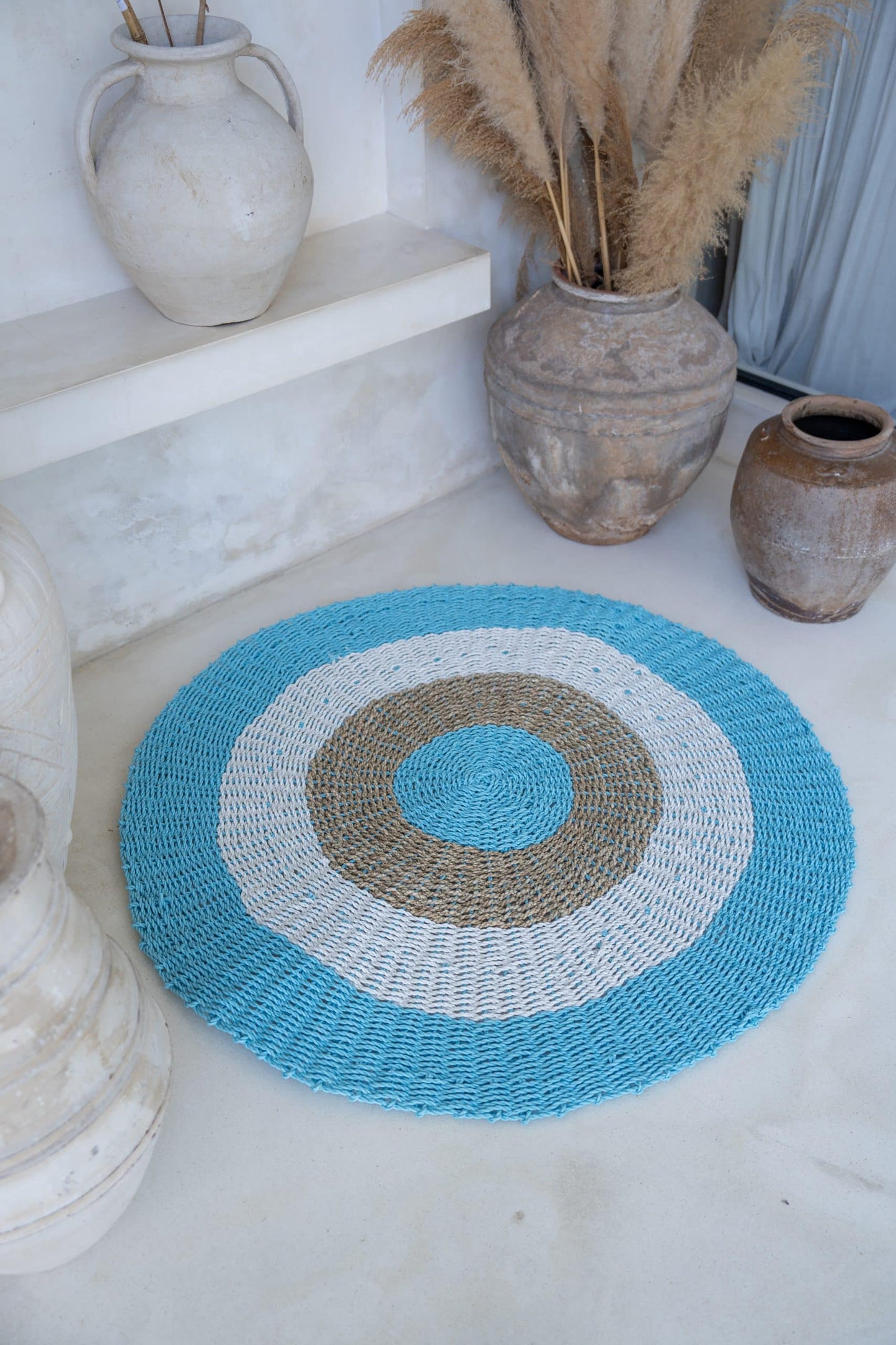 Round seagrass carpet 120cm (blue/white)