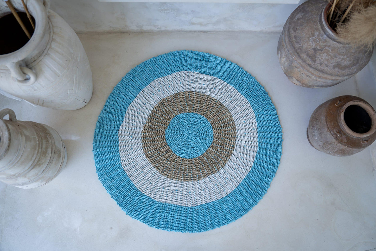 Round seagrass carpet 120cm (blue/white)