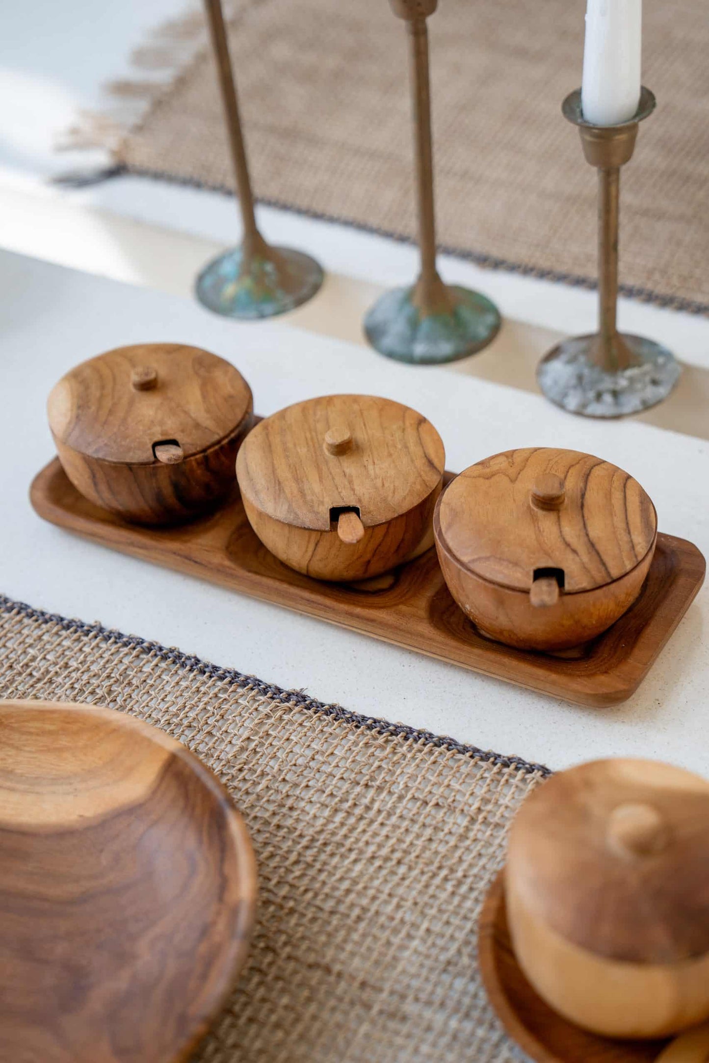 Wooden condiment dipping bowls with 3 cups