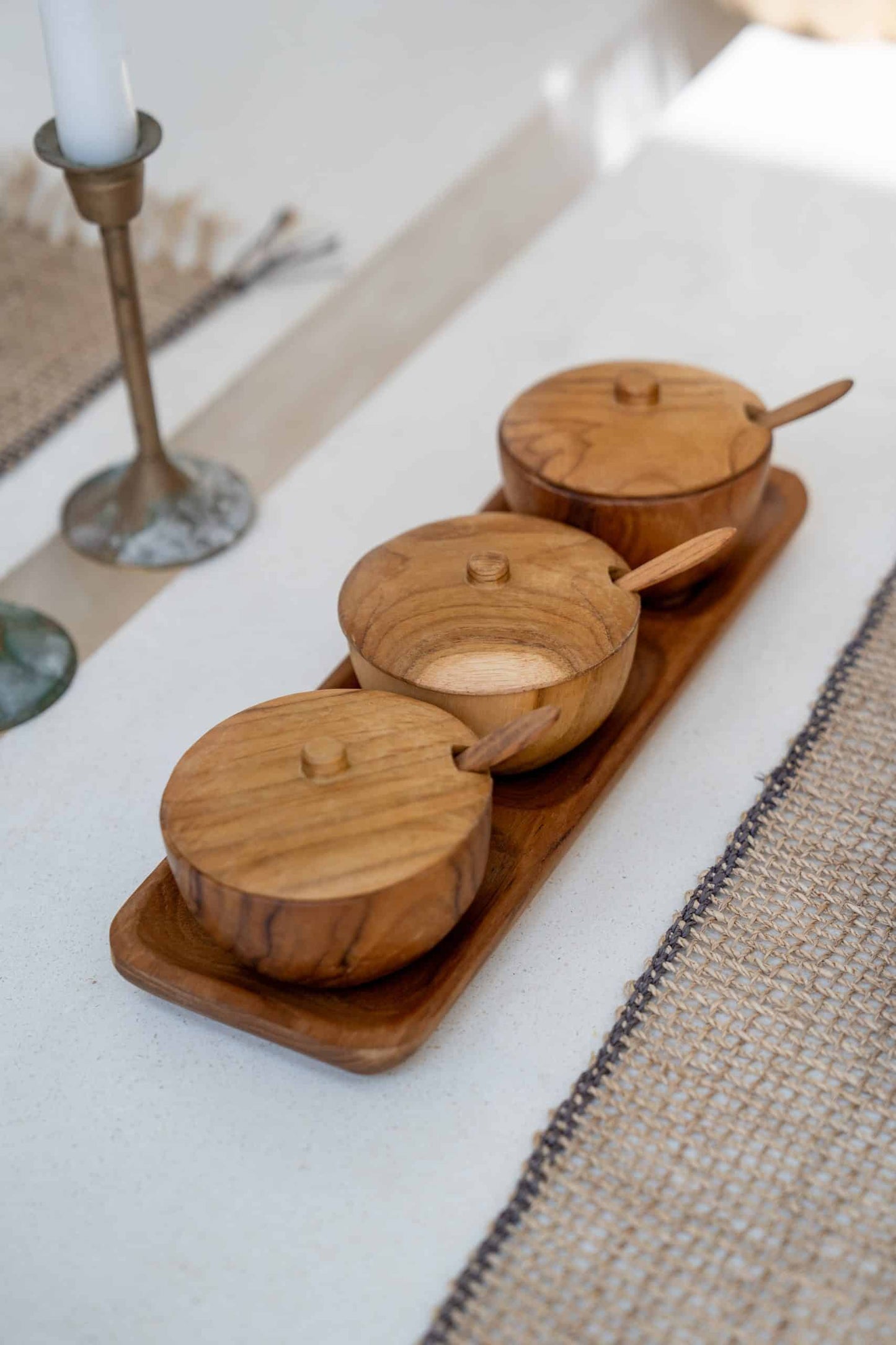 Wooden condiment dipping bowls with 3 cups
