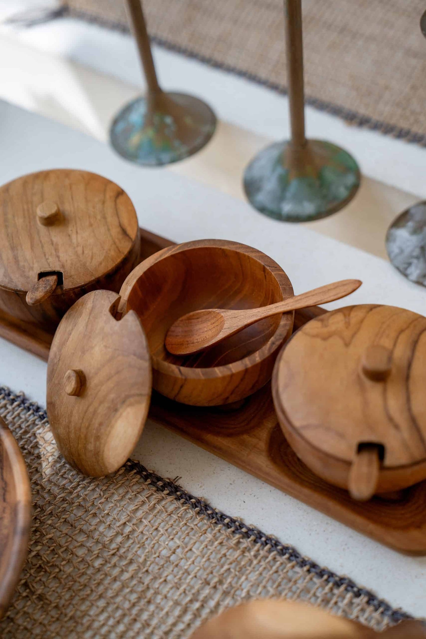 Wooden condiment dipping bowls with 3 cups