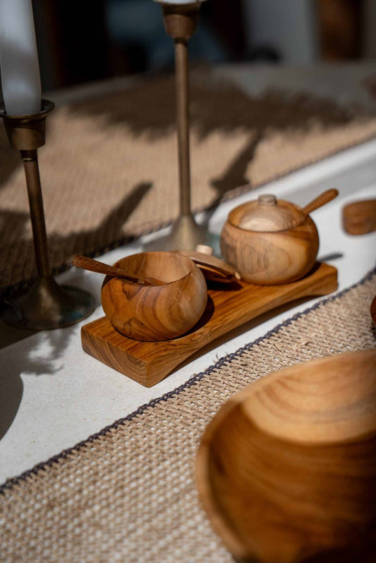 Wooden condiment dipping bowls with 2 cups