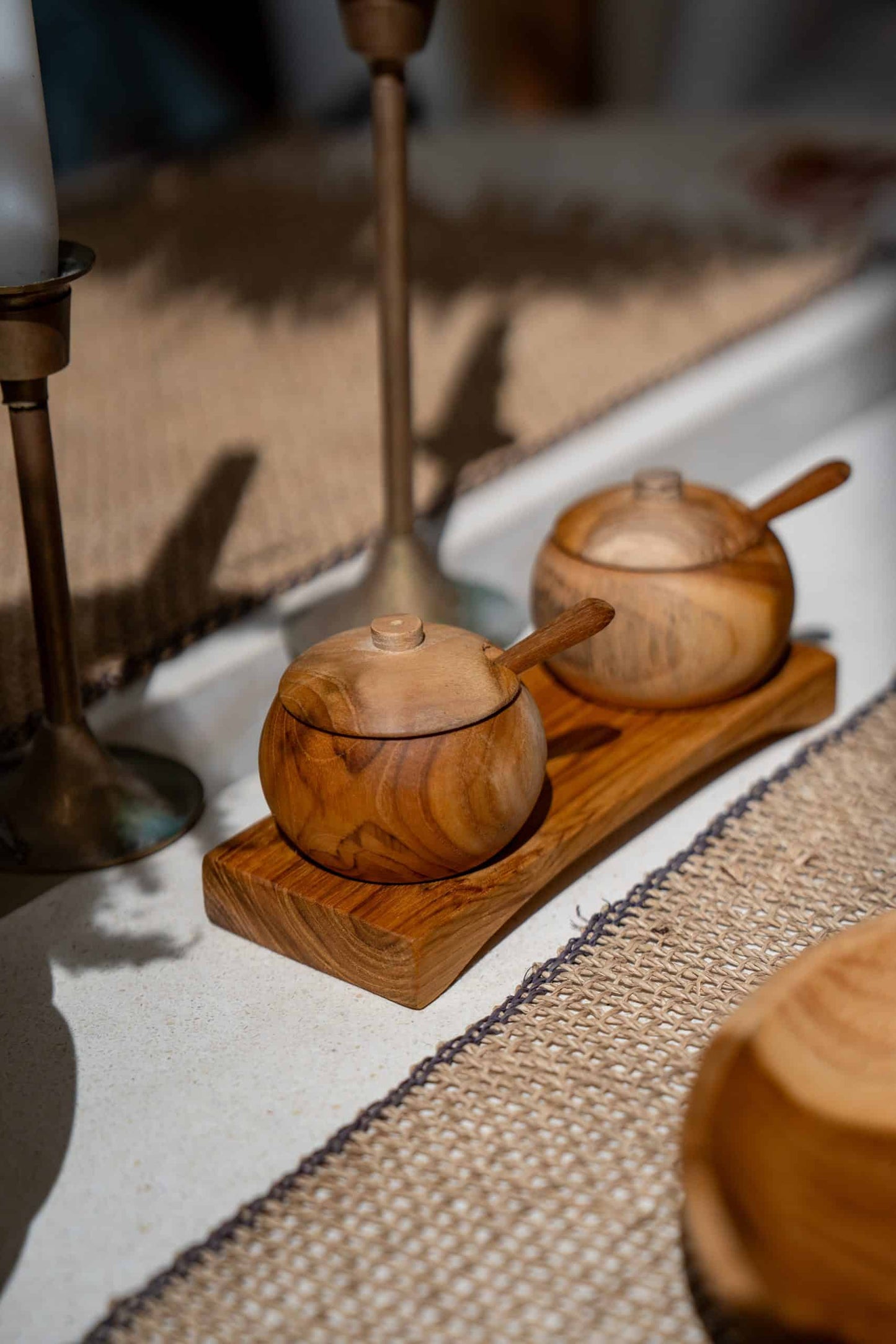 Wooden condiment dipping bowls with 2 cups