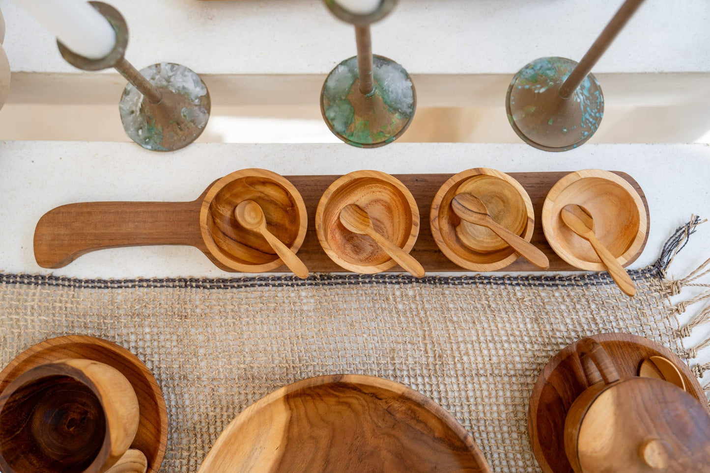 Wooden condiment tray with 4 cups