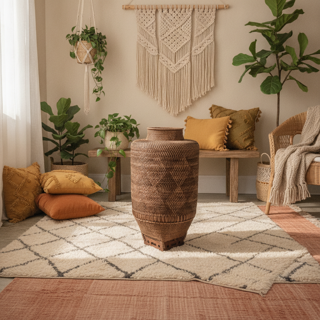 Jarro de Chão Grande de Rattan Entrançado Modelo Subi