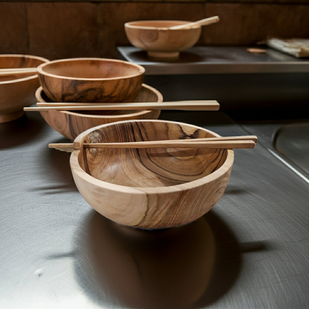 Teak Wood Noodle Bowl with Chopsticks