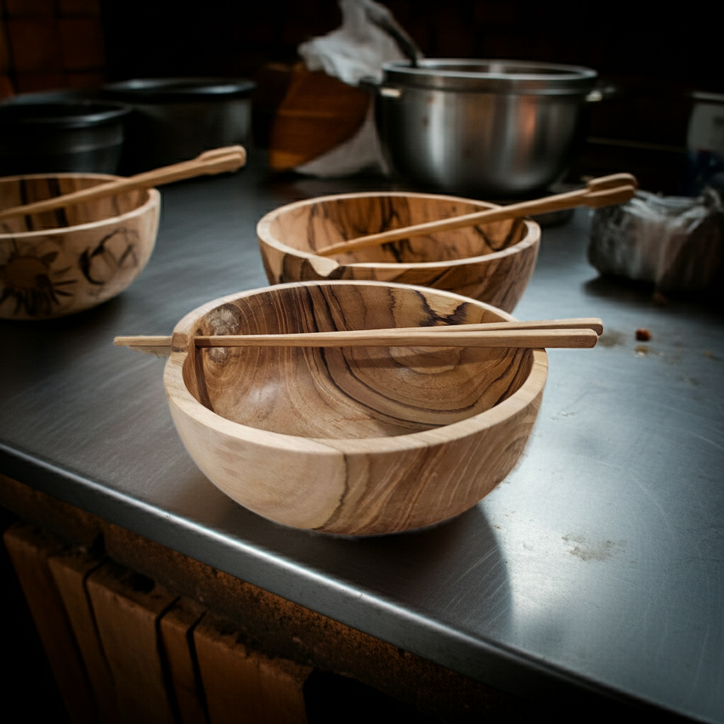 Teak Wood Noodle Bowl with Chopsticks