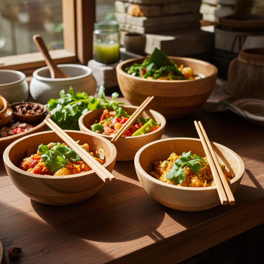 Teak Wood Noodle Bowl with Chopsticks