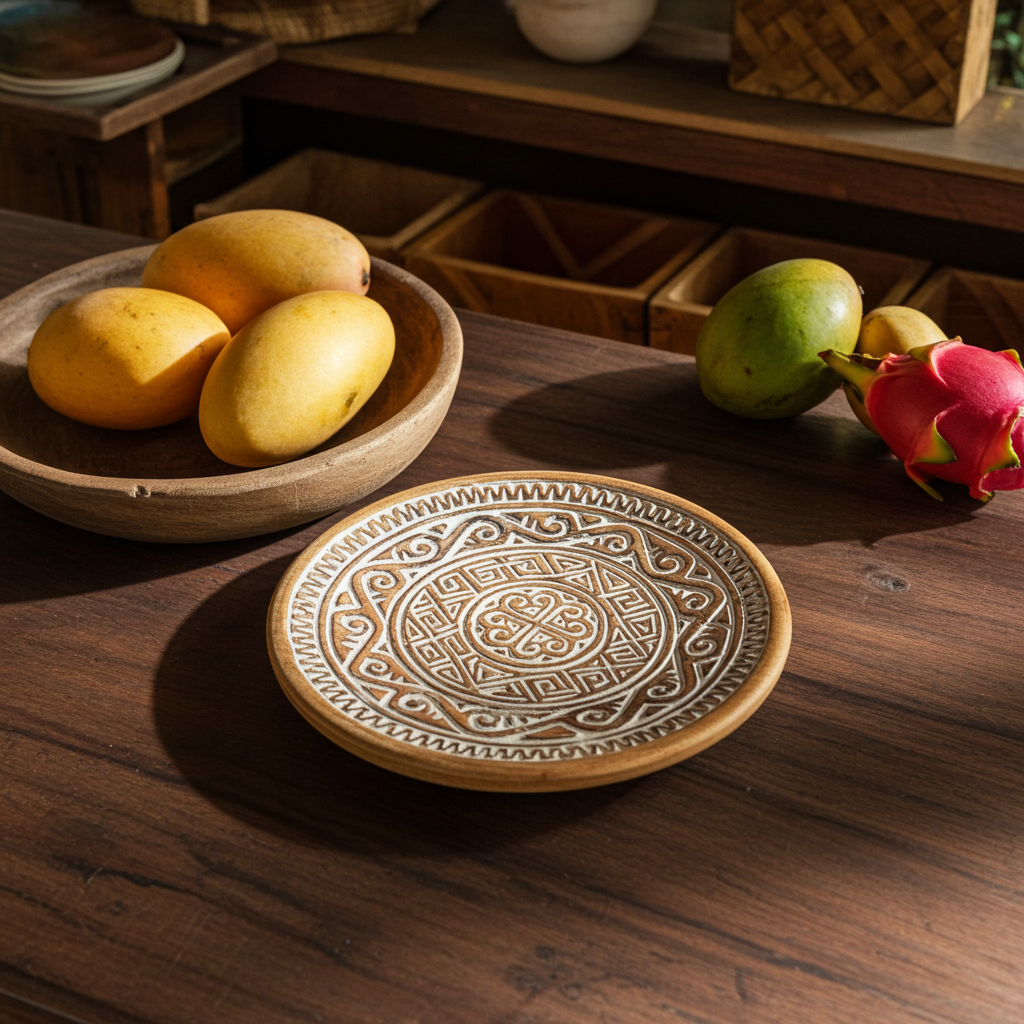 Hand-carved wooden decorative 30cm plate. Model Baroro