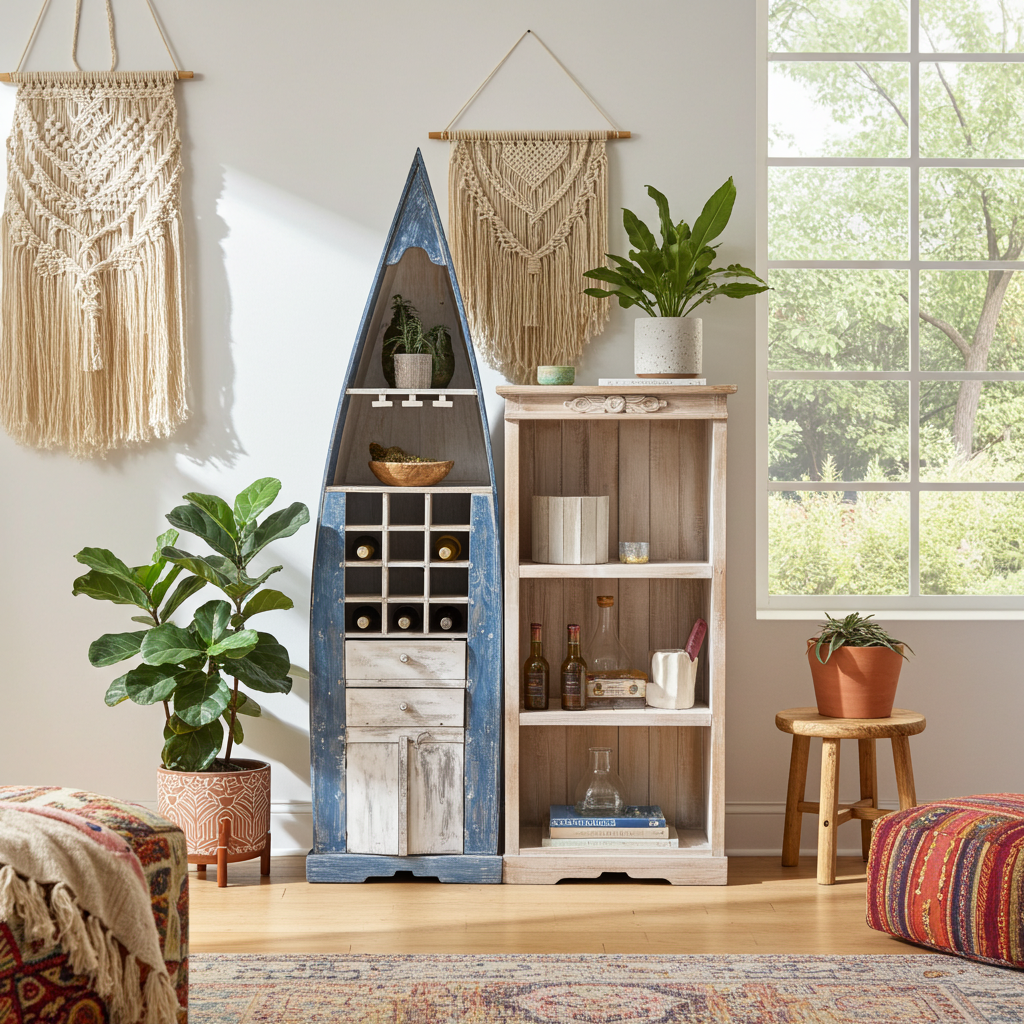 Hand-painted, whitewashed wooden boat shelf cabinet