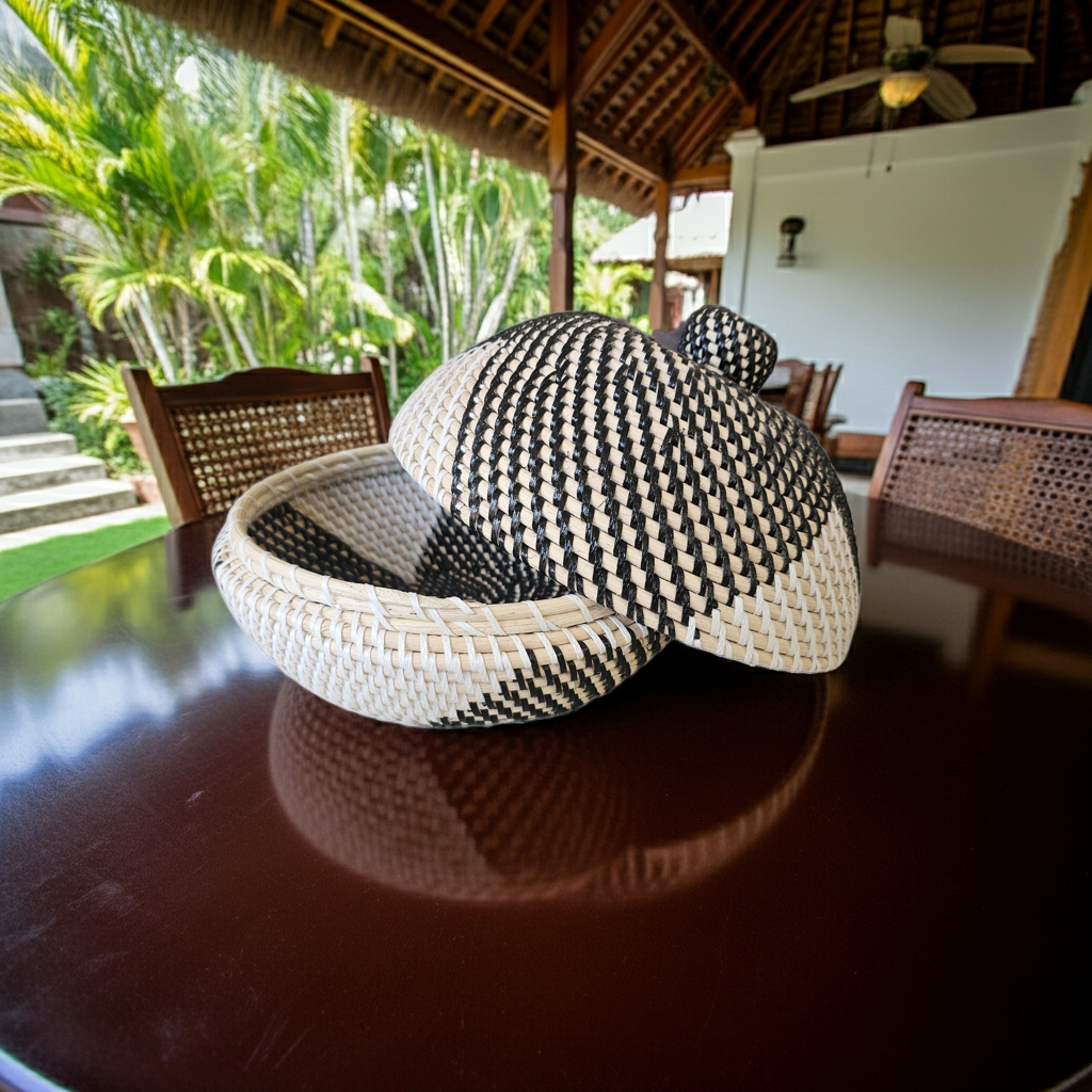Two tone rattan bowl with lid