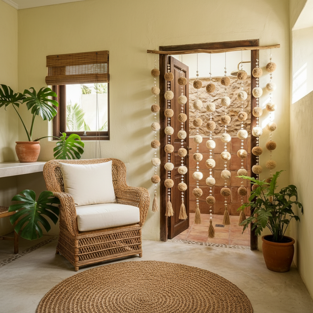 Cortina de Porta Boho com Contas e Pompons Modelo Lembongan