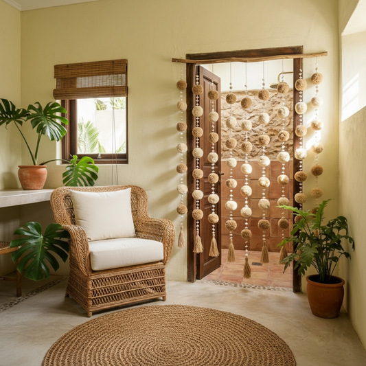 Cortina de Porta Boho com Contas e Pompons Modelo Lembongan