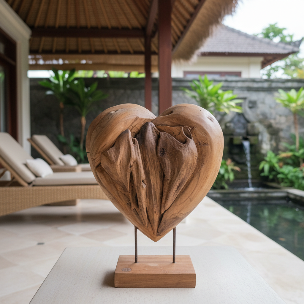 Teak Wood Carved Heart Sculpture Model Umang