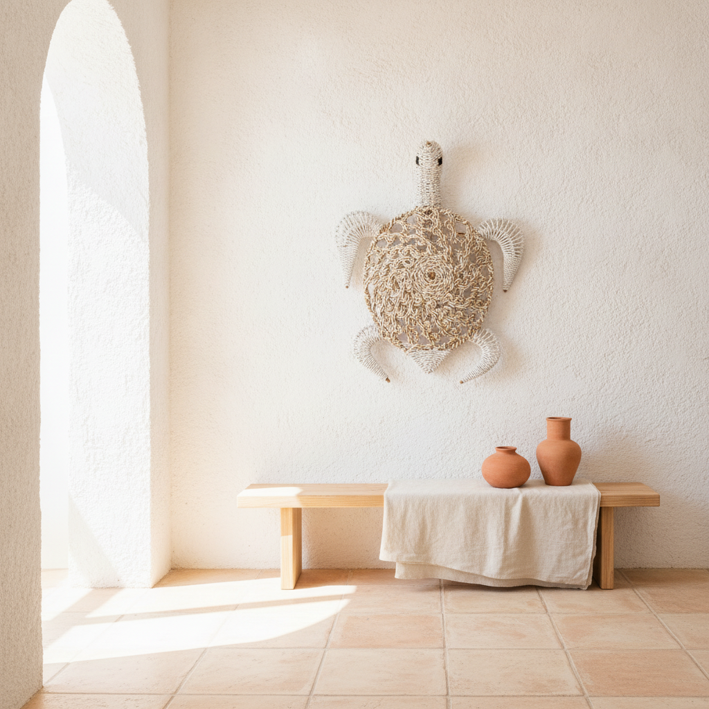 Large handwoven sea turtle wall sculpture in natural rope and rattan, made in Bali