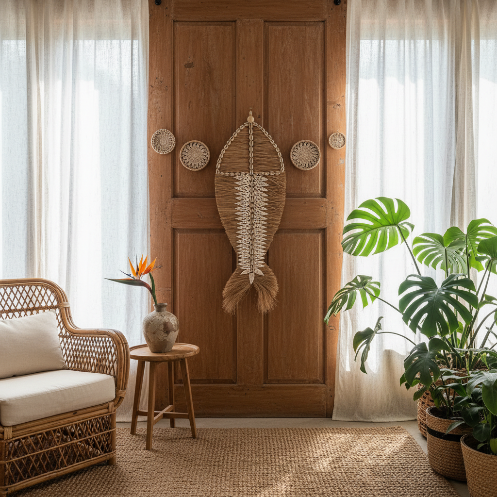 Modelo de tapiz de macramé con conchas marinas Gebe