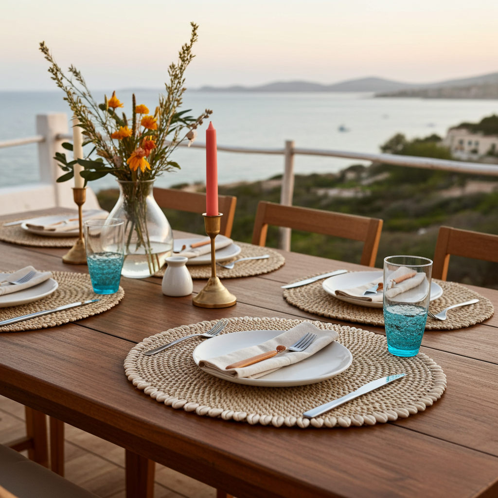 Mantel individual ovalado con conchas en dos colores