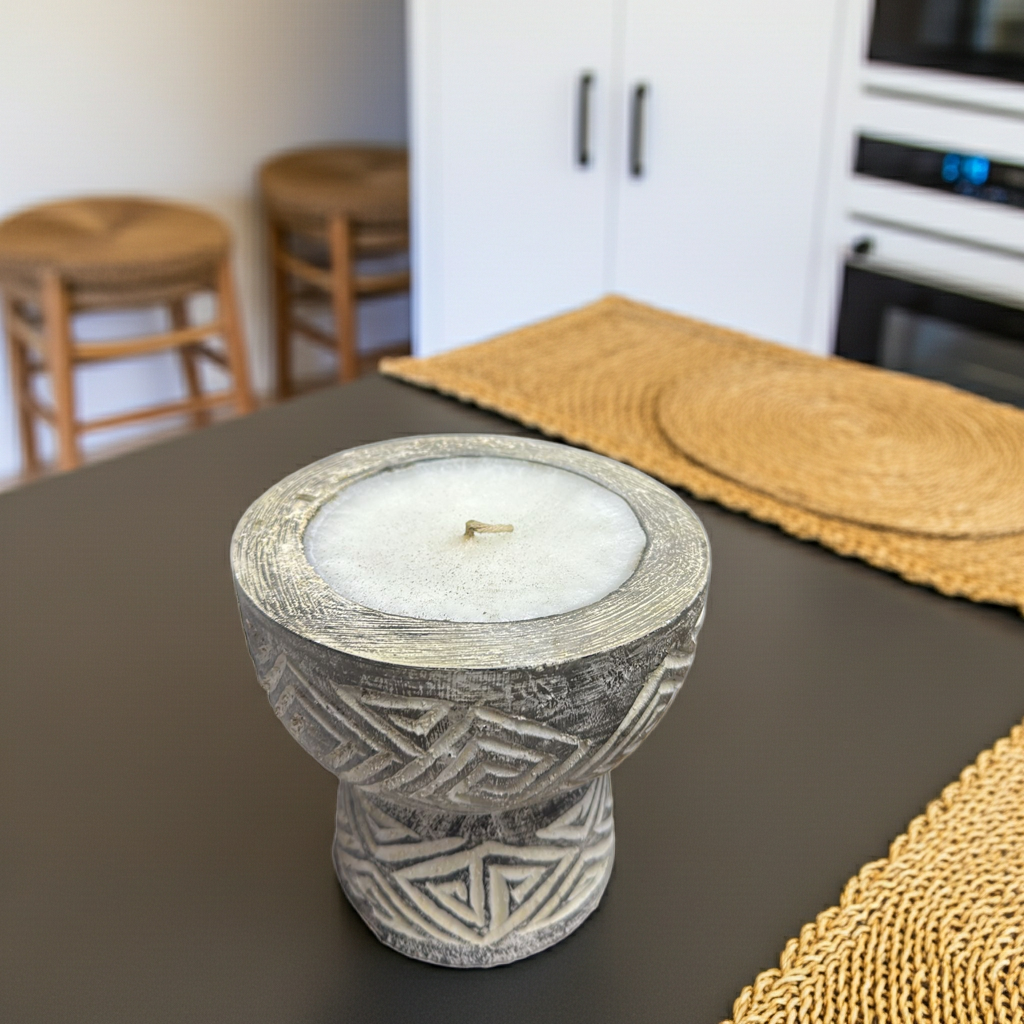 Hand-carved wooden candle hourglass shape in a grey finish