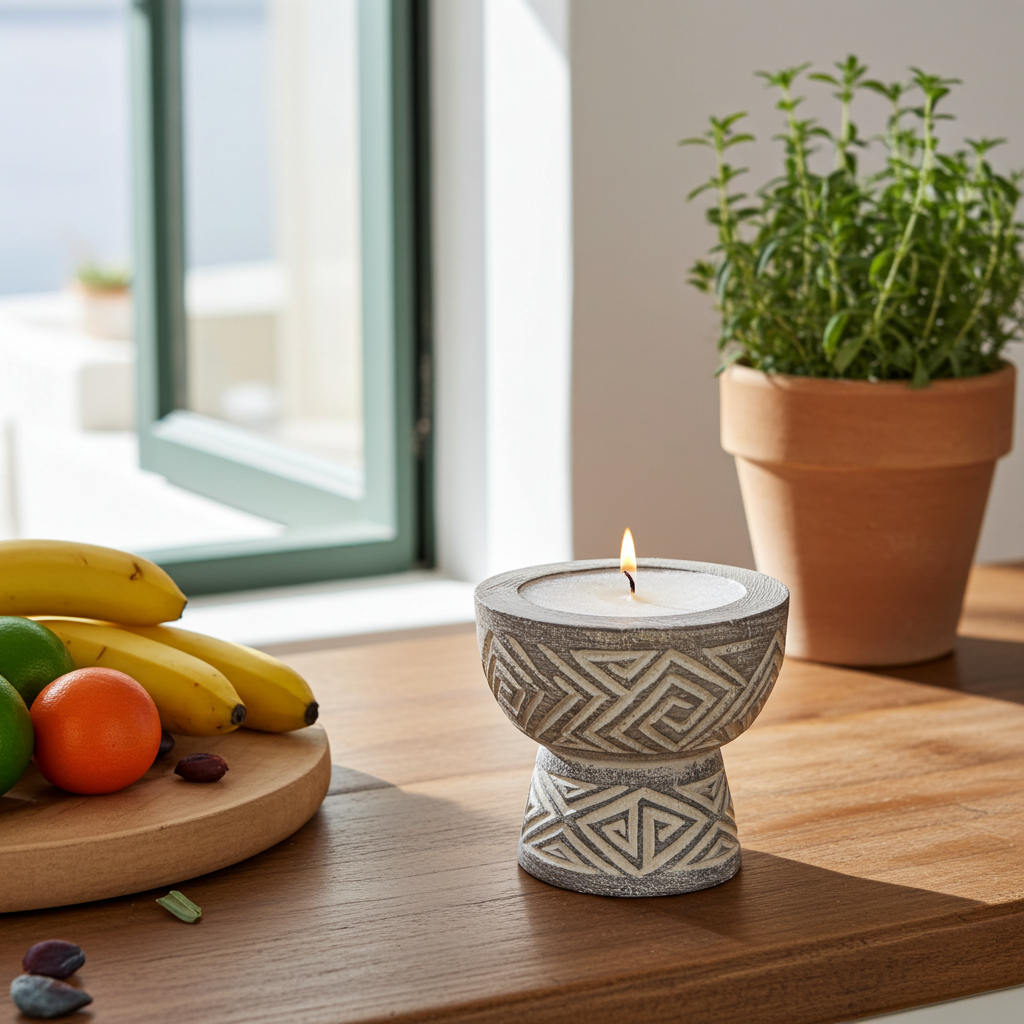 Hand-carved wooden candle hourglass shape in a grey finish